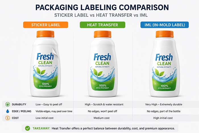 Comparison Image Sticker Label Vs Heat Transfer Vs Iml On Plastic Bottle