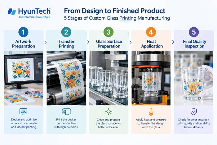 5 Stage Custom Glass Printing Manufacturing Process Infographic