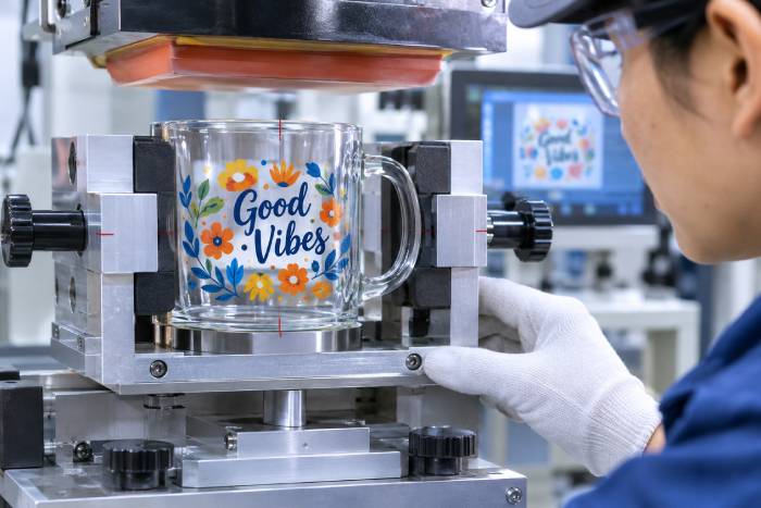 A Close Up Of A Glass Cup Held Securely In A Professional Printing Fixture